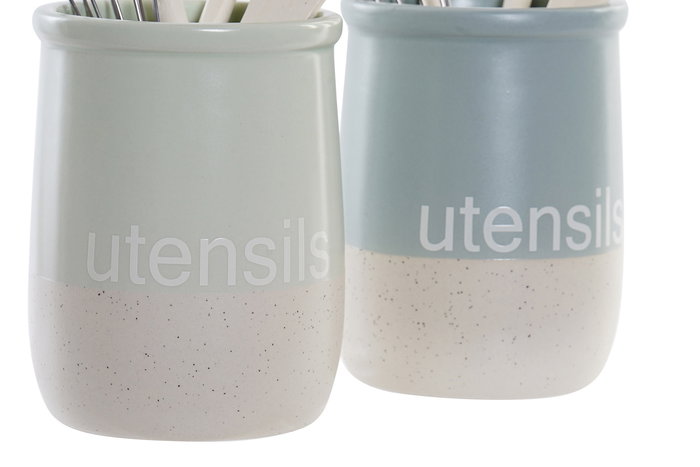 DKD Home Decor Bote Utensilios Scandi Azul Celeste y Verde Menta Gres y Rubberwood 10 x 10 x 14 cm Set 5 Piezas