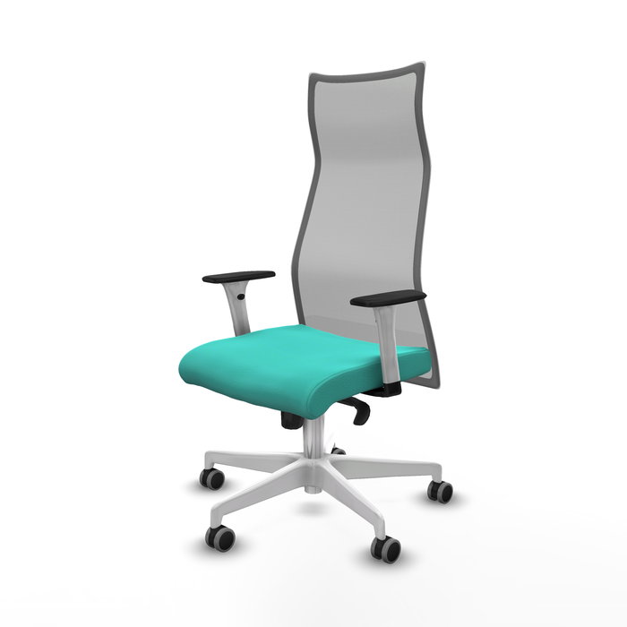 Sillón Albacete con mecanismo Sincro tapizada con Similpiel color Turquesa y malla color Gris. Equipado con Base poliamida blanca, Brazos 1D y Ruedas 65 mm parqué