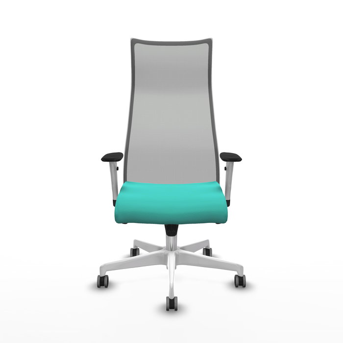 Sillón Albacete con mecanismo Sincro tapizada con Similpiel color Turquesa y malla color Gris. Equipado con Base poliamida blanca, Brazos 1D y Ruedas 65 mm parqué