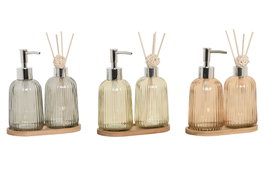 DKD Home Decor Set de 3 Accesorios de Baño de Cristal y Bambú Surtido