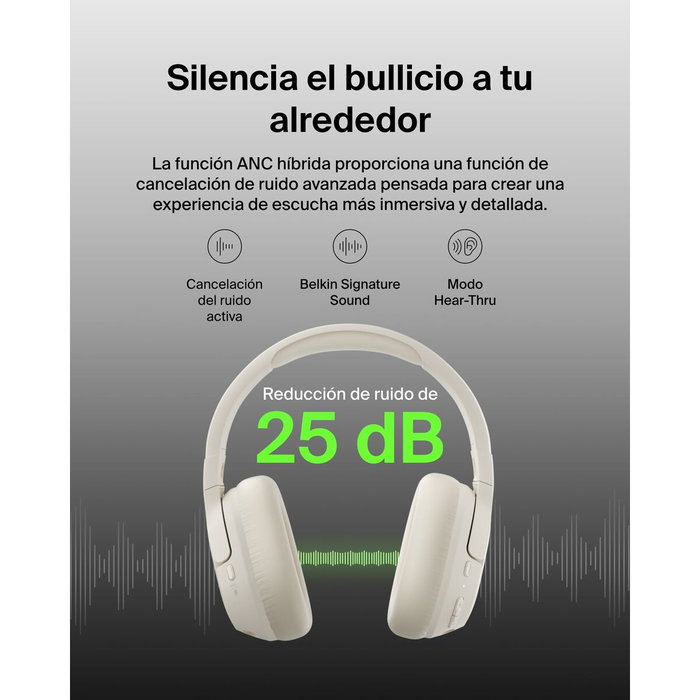 Belkin AUD008HQSA Auriculares Circumaurales con Cancelación de Ruido Híbrida, Arena