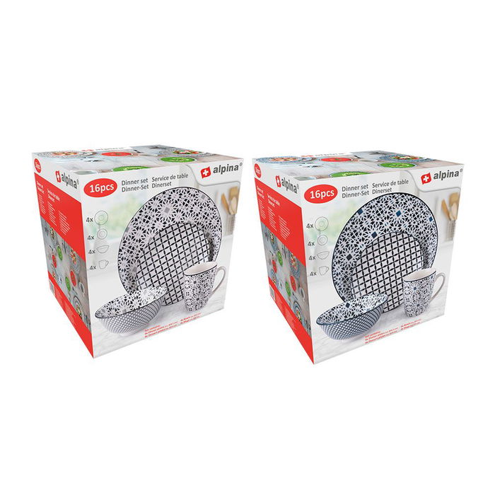 Interne Alpina Vajilla 16 Piezas Cerámica Estampada Colores Surtidos ø26,5 cm ø19 cm ø15 cm 325 ml