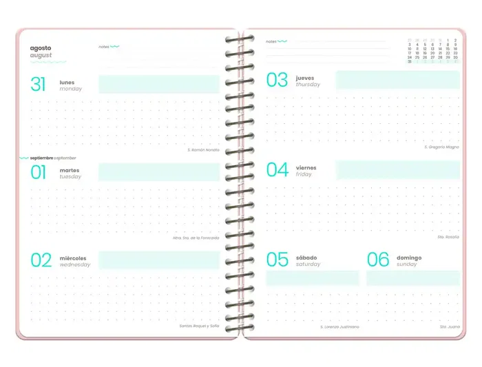 Liderpapel Agenda Escolar Fantasy 2026-2027 Espiral A6+ Semana Vista, Portada Gato, Interior Bilingüe, 80g Papel FSC