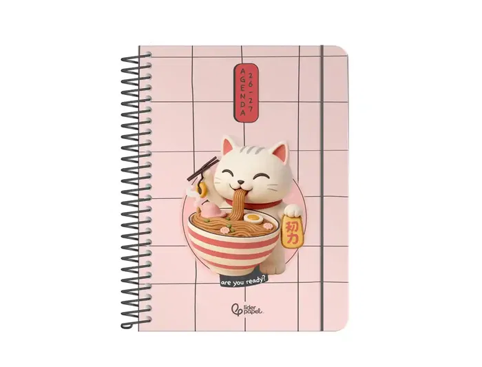 Liderpapel Agenda Escolar Fantasy 2026-2027 Espiral A6+ Semana Vista, Portada Gato, Interior Bilingüe, 80g Papel FSC