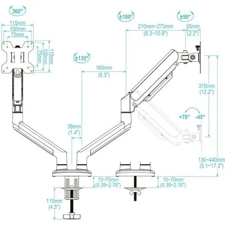 TooQ Soporte de Mesa para 2 Monitores DB1434TNR-W Giratorio Inclinable Blanco para Pantallas de 13" a 34" hasta 10kg por Brazo
