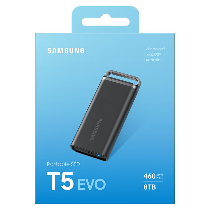 Samsung SSD Portátil T5 EVO de 8TB, Negro, USB 3.2 Gen 1, MU-PH8T0S, 460 MB/s, Protección Contra Caídas y Cifrado AES-256