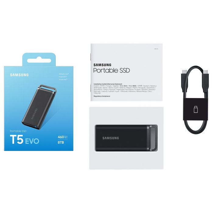 Samsung SSD Portátil T5 EVO de 8TB, Negro, USB 3.2 Gen 1, MU-PH8T0S, 460 MB/s, Protección Contra Caídas y Cifrado AES-256