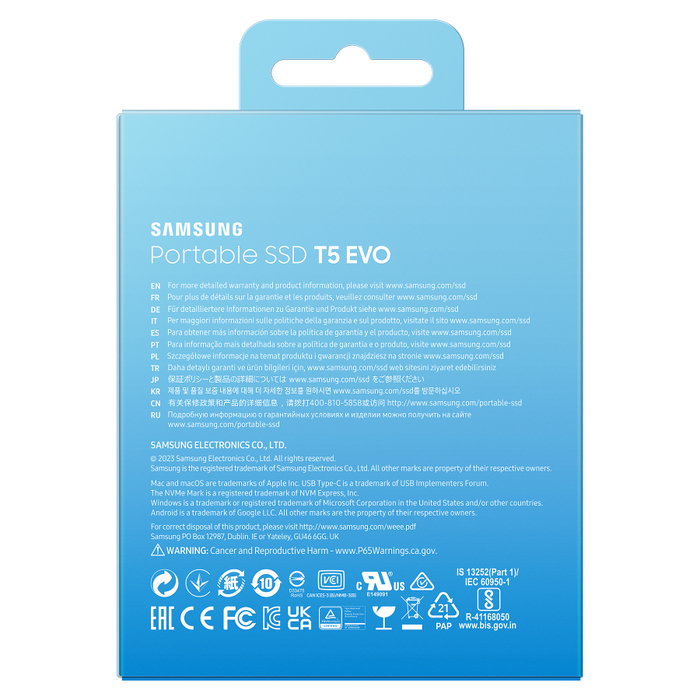 Samsung SSD Portátil T5 EVO de 8TB, Negro, USB 3.2 Gen 1, MU-PH8T0S, 460 MB/s, Protección Contra Caídas y Cifrado AES-256