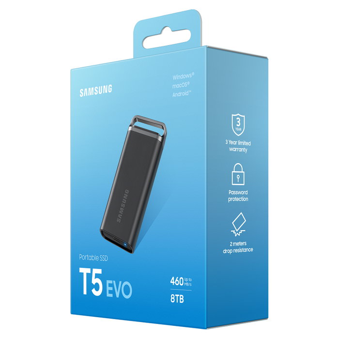 Samsung SSD Portátil T5 EVO de 8TB, Negro, USB 3.2 Gen 1, MU-PH8T0S, 460 MB/s, Protección Contra Caídas y Cifrado AES-256
