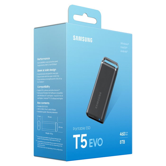 Samsung SSD Portátil T5 EVO de 8TB, Negro, USB 3.2 Gen 1, MU-PH8T0S, 460 MB/s, Protección Contra Caídas y Cifrado AES-256