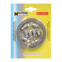 WOLFPACK LINEA PROFESIONAL Cinta Abrazadera de Cortar Zincada 8 mm x 3 m con 8 Tornillos