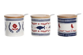 DKD Home Decor Azucarero Dolomita y Bambú BLUE RED BIRD Surtido de 3