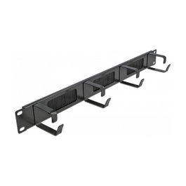 DeLOCK Panel pasacables con cepillo de 19 pulgadas con 4 ganchos, 1U, Negro