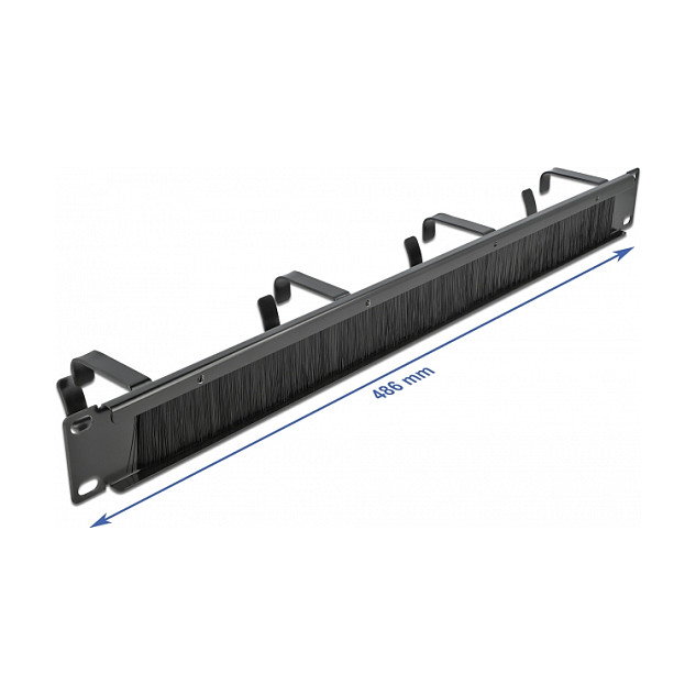DeLOCK Panel pasacables con cepillo de 19 pulgadas con 4 ganchos, 1U, Negro