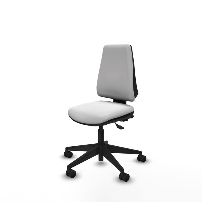 Silla de oficina Elche con mecanismo Asincro tapizada con Tela color Blanco. Equipada con Base piramidal negra, Sin brazos y Ruedas 65mm nailon