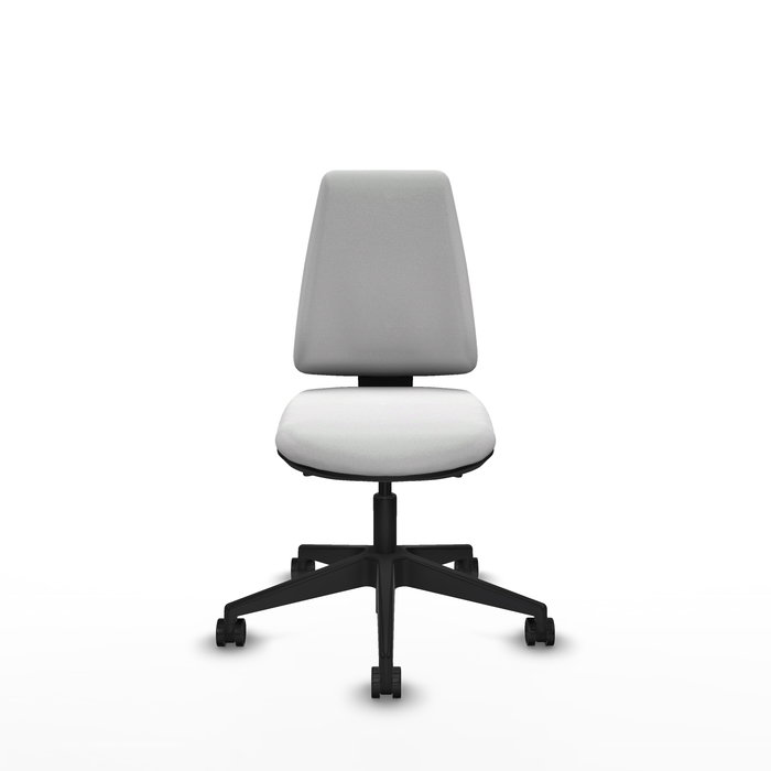 Silla de oficina Elche con mecanismo Asincro tapizada con Tela color Blanco. Equipada con Base piramidal negra, Sin brazos y Ruedas 65mm nailon