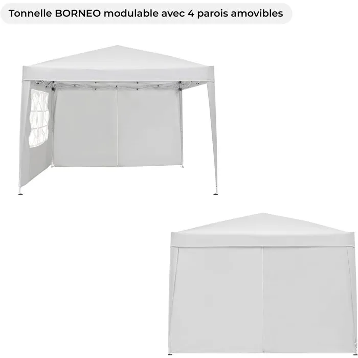 GAZEBO Cenador plegable de jardín 3x3 m, estructura blanca con lona color crudo, 4 lados, incluye bolsa de transporte