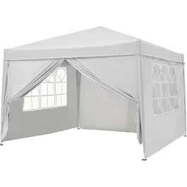 GAZEBO Cenador plegable de jardín 3x3 m, estructura blanca con lona color crudo, 4 lados, incluye bolsa de transporte