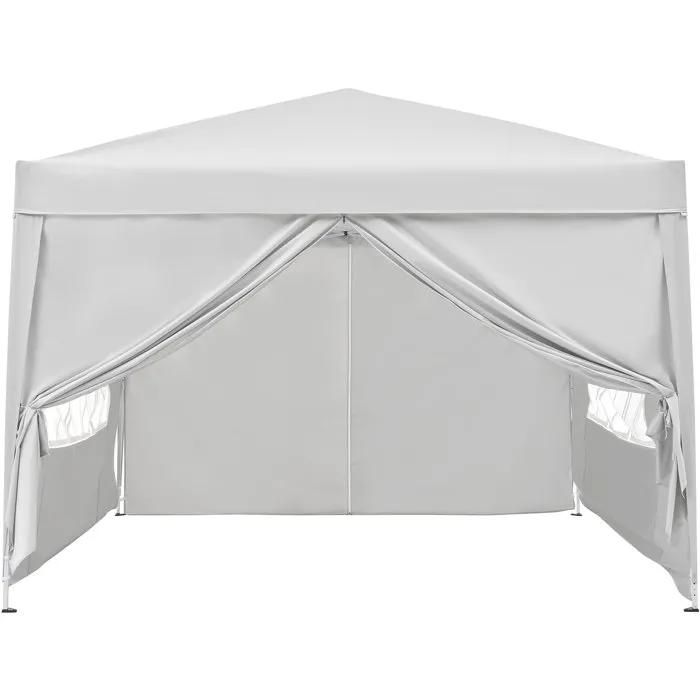 GAZEBO Cenador plegable de jardín 3x3 m, estructura blanca con lona color crudo, 4 lados, incluye bolsa de transporte