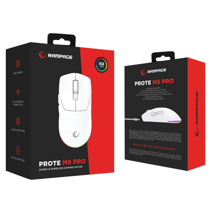 Rampage Prote M5 Pro Ratón Inalámbrico 26000 DPI RGB LED 1kHz Blanco