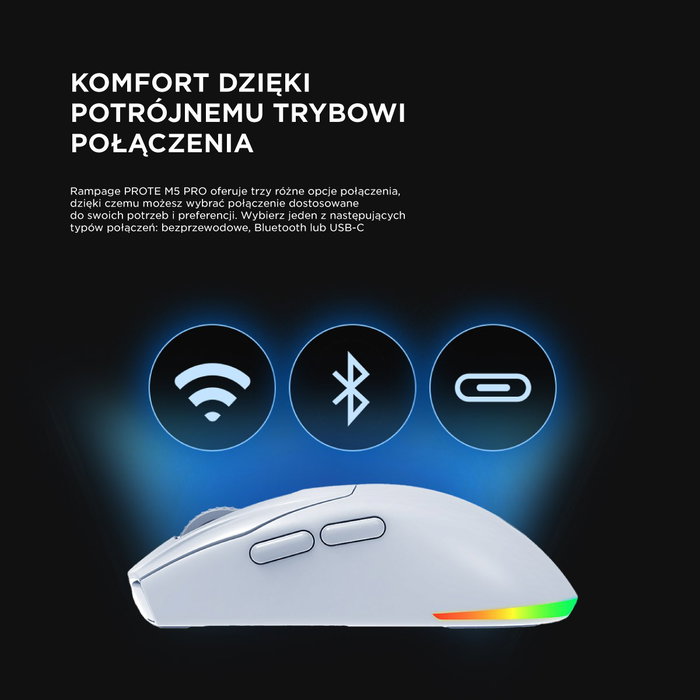 Rampage Prote M5 Pro Ratón Inalámbrico 26000 DPI RGB LED 1kHz Blanco