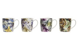 DKD Home Decor Set de 12 Tazas de Porcelana Tropical Multicolor 400ml