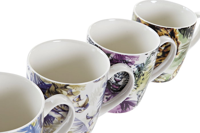 DKD Home Decor Set de 12 Tazas de Porcelana Tropical Multicolor 400ml