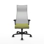 Sillón Albacete con mecanismo Sincro tapizada con Tela color Verde oliva y malla color Blanco. Equipado con Base nailon negra, Brazos 1D y Ruedas 65mm nailon