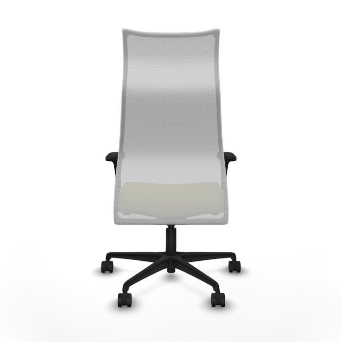 Sillón Albacete con mecanismo Sincro tapizada con Tela color Verde oliva y malla color Blanco. Equipado con Base nailon negra, Brazos 1D y Ruedas 65mm nailon
