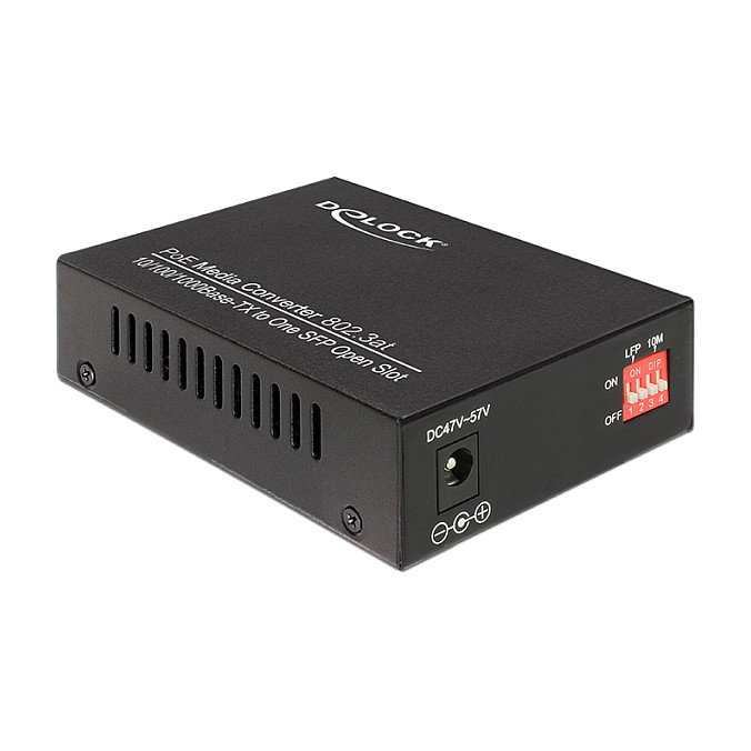 DeLOCK 86180 Konverter PoE+ 10/100/1000Base-T RJ-45 to SFP Fibra Óptica Gigabit, Negro, Metal