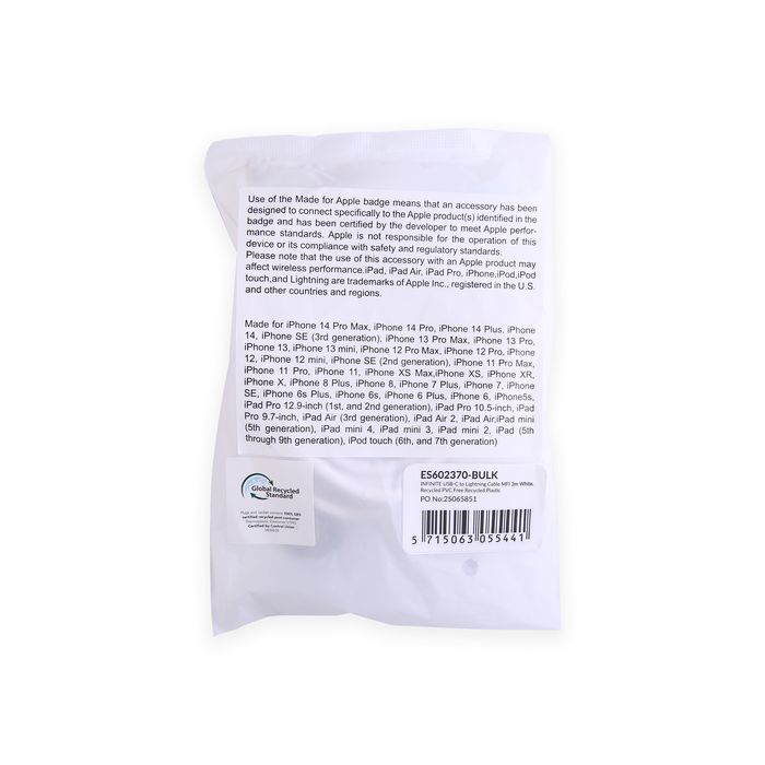 eSTUFF Cable USB-C a Lightning 3 m Blanco INFINITE Super Soft - 100% Reciclado, Kevlar, Certificado MFi, 35k Flexiones