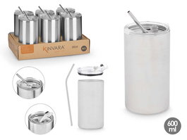 Kinvara Vaso con Pajita y Tapa de Acero Inoxidable, 600 ml, Acero, Dimensiones 9.3 x 19 x 8.7 cm (Set de 12)