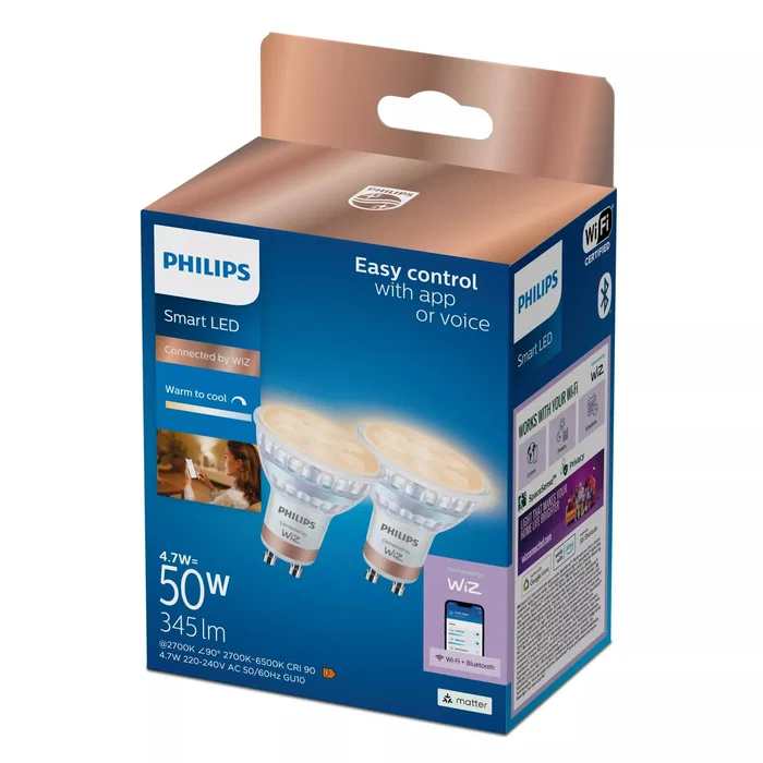 Philips Bombilla Smart LED GU10 Ajustable Blanco, 4.7W (Equivalente 50W), PAR16, Clase F, Wi-Fi/Bluetooth, Modelo 8720169296749, 2 Unidades