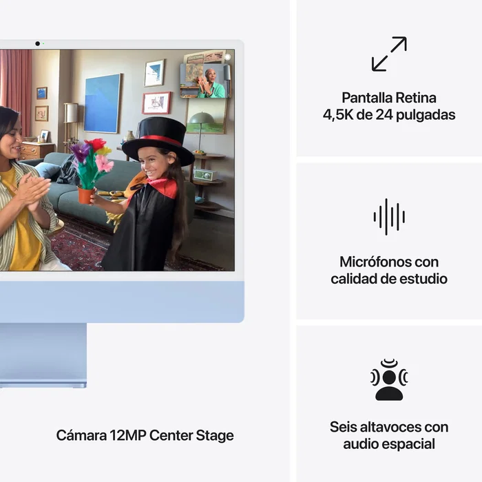 Apple iMac M4 (2024) - Ordenador Todo en Uno con pantalla Retina 4.5K 24" - Chip Apple M4 (10 núcleos CPU, 10 núcleos GPU) - 16 GB RAM - 256 GB SSD - Color Azul