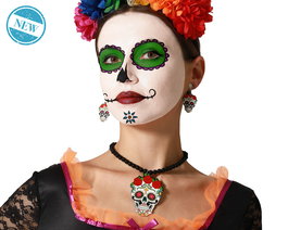 Set Collar y Pendientes Calavera Colorida para Catrina Mexicano Halloween