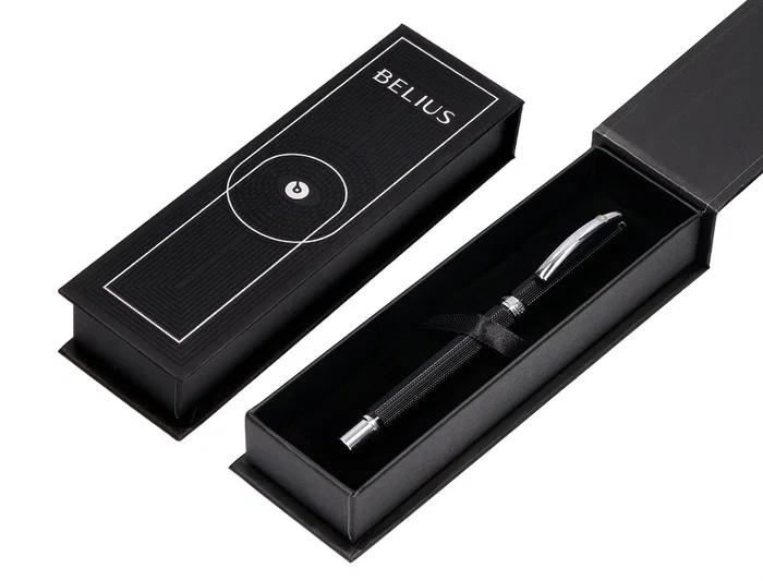 Belius Bolígrafo Turbo Aluminio Textura Punteada Negro y Plateado Tinta Azul Caja Diseño