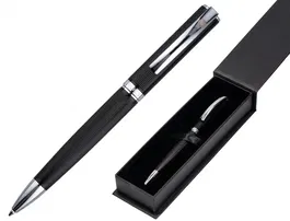 Belius Bolígrafo Turbo Aluminio Textura Punteada Negro y Plateado Tinta Azul Caja Diseño