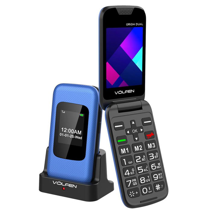 Volfen Orion Dual Max - Teléfono Móvil Tipo Concha Azul con Base de Carga Incluida, Dual SIM, Pantallas de 2.8'' y Externa a Color, Botones Grandes