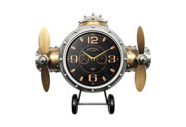 DKD Home Decor Reloj Pared Vintage Bolai avion 25 Metal Plateado Dorado 10.5 x 49.5 x 50 cm