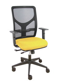 Silla de oficina Motilla con mecanismo Sincro/Traslack tapizada con Tela color Amarillo y malla color Negro. Equipada con lumbar 1D, Brazos 1D y Ruedas 65mm nailon