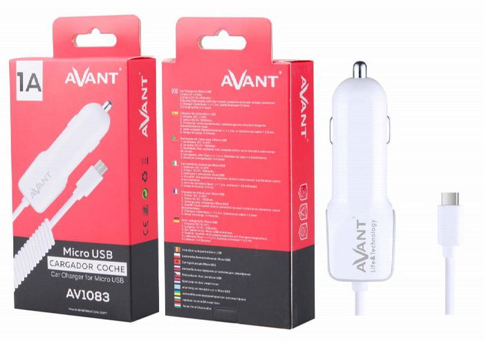 AVANT CONNECT Cargador de Coche con Cable Micro USB Espiral 1A Blanco - Carga Rápida y Segura para tu Smartphone