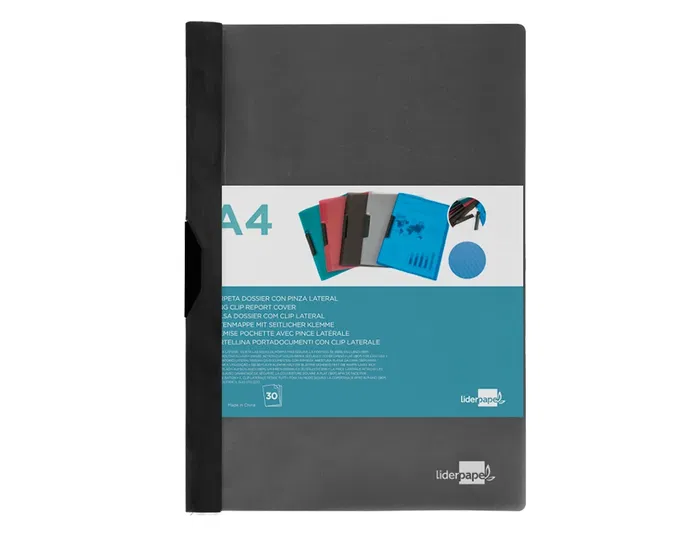 Liderpapel 35365 Carpeta Dossier con Pinza Lateral Negro Polipropileno DIN A4 para 30 Hojas con Pinza Deslizante