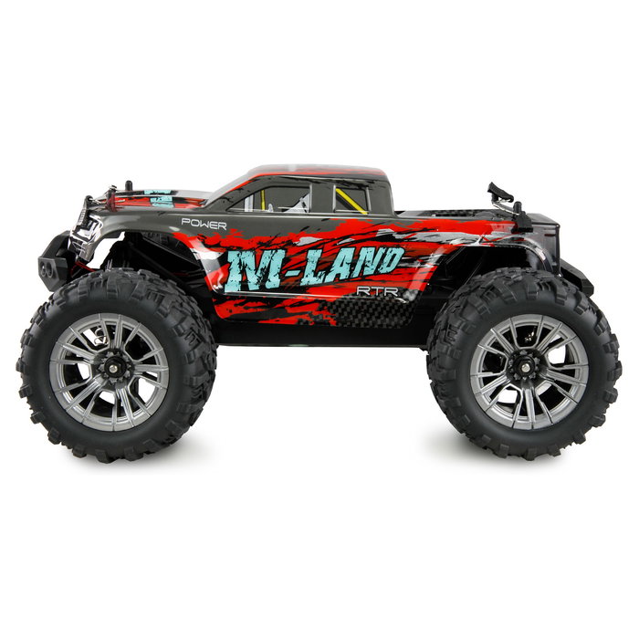 AMEWI M-Land Monster Truck 1:16 RTR Eléctrico 4WD 48 km/h, Efectos Luminosos, Apto para Exteriores e Interiores, Color Negro y Rojo