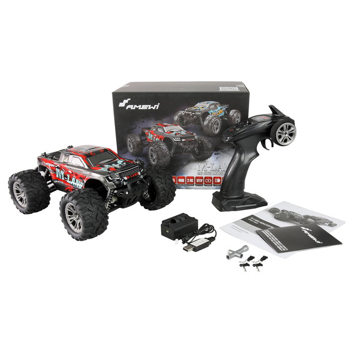 AMEWI M-Land Monster Truck 1:16 RTR Eléctrico 4WD 48 km/h, Efectos Luminosos, Apto para Exteriores e Interiores, Color Negro y Rojo