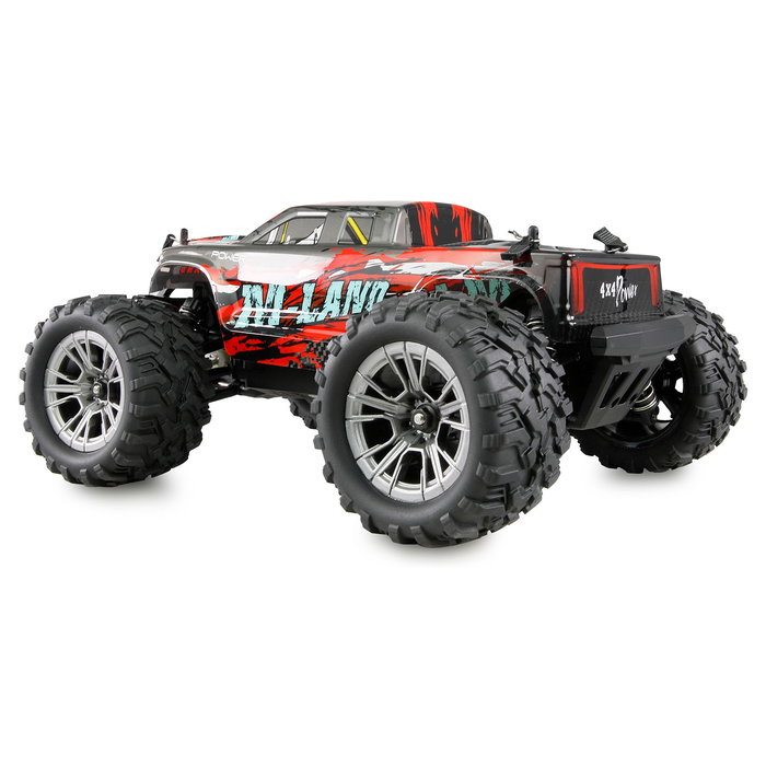 AMEWI M-Land Monster Truck 1:16 RTR Eléctrico 4WD 48 km/h, Efectos Luminosos, Apto para Exteriores e Interiores, Color Negro y Rojo