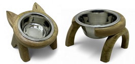 DKD Home Decor Set de 2 Comederos de Acero y Mango Marrón