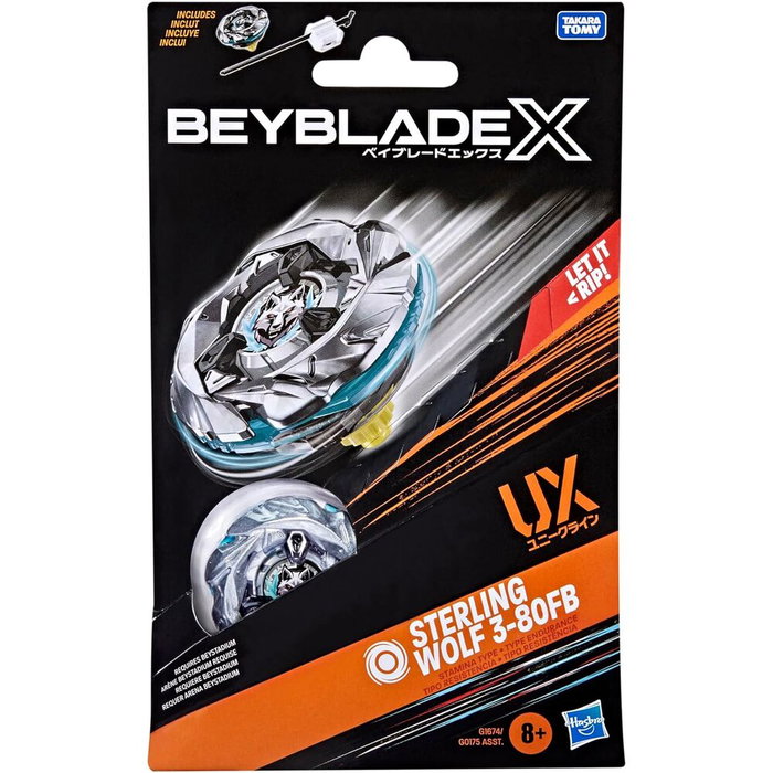 HASBRO Sterling Wolf 3-80FB UX Beyblade X Kit inicial. Tops con sistema acelerador X, hoja y piñón intercambiables. Explosiones impresionantes.