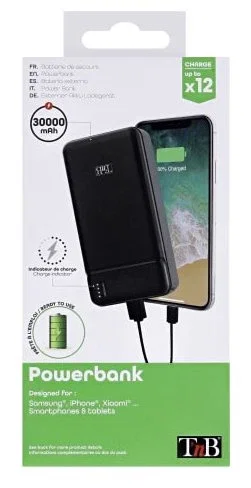 T'nB PBU30000 - Batería Externa Power Bank 30000 mAh Negro, Carga Rápida 20W Power Delivery, 2 Puertos USB-A + 1 USB-C, Polímero de Litio