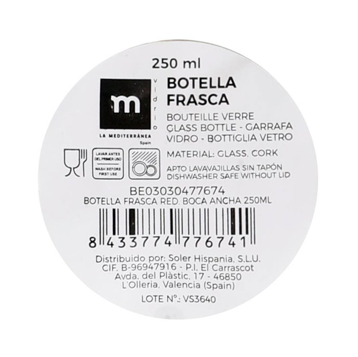 La Mediterranea Botella Frasca Red de Cristal, Boca Ancha, 250 ml, Dimensiones 6.5 x 14 cm (36 Unidades)