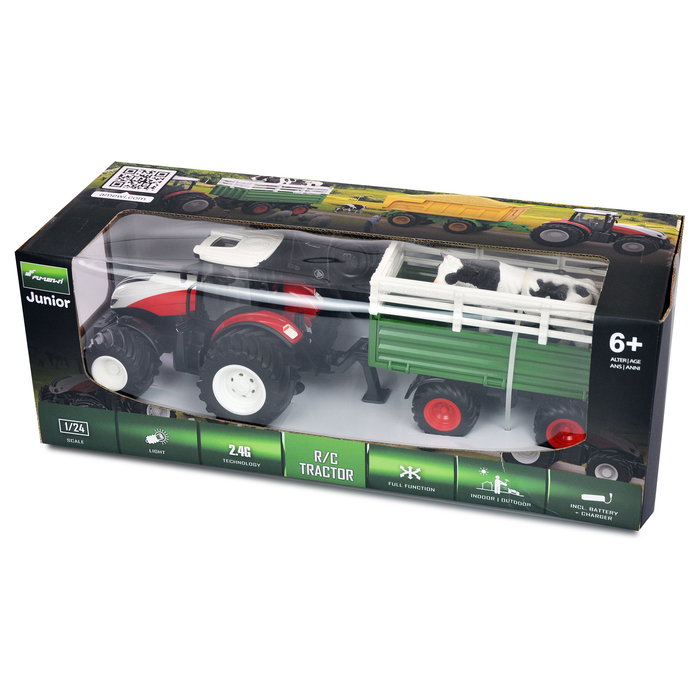 AMEWI 22601 RC Cabeza Tractor con Remolque de Ganado, 1:24, 2.4 GHz, Li-Ion 500 mAh, 30 Min, Blanco/Verde/Rojo, para +6 Años